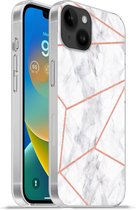 Geschikt voorApple Iphone 14 Plus - Soft case hoesje - Marmer print - Rosé goud - Wit - Siliconen Telefoonhoesje