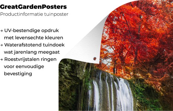 Poster de jardin Cascade - arbre - Rouge - Automne - Water - 40x80 cm - Décoration murale Outdoor - Poster de jardin - Toile de jardin - Poster de clôture - Tableau de jardin