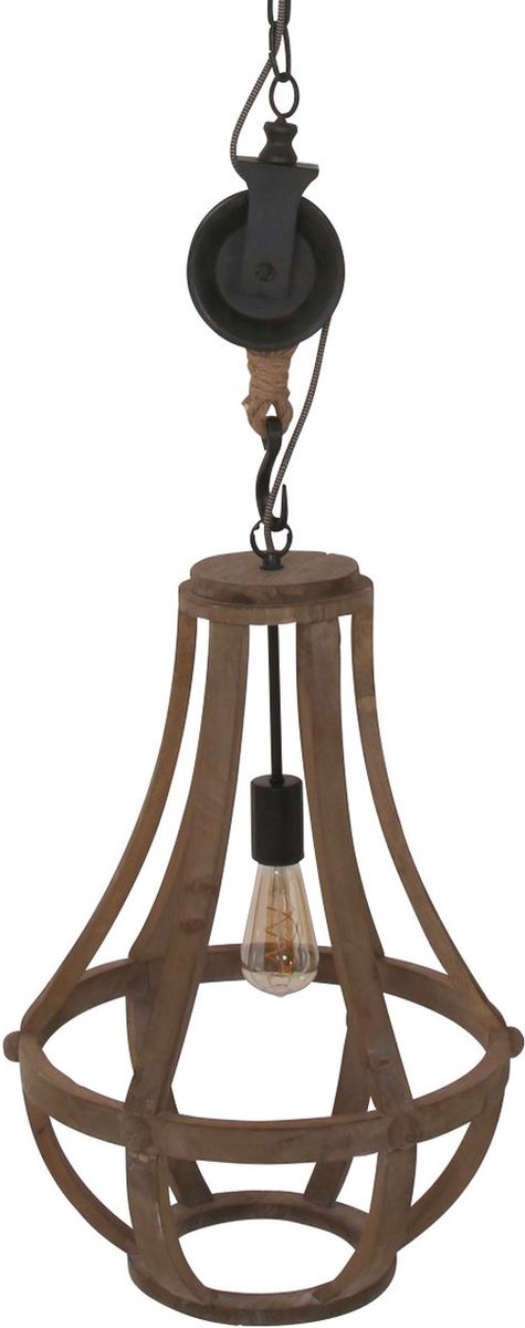 Landelijke houten hanglamp Liberty Bell | 1 lichts | bruin / zwart | hout / metaal | in hoogte verstelbaar tot 195 cm | Ø 40 cm | eetkamer / woonkamer lamp | modern / sfeervol design