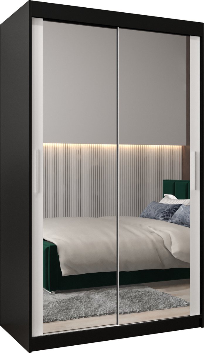 InspireME Kledingkast met 2 schuifdeuren, Modern-stijl, Kledingkast met planken (BxHxD): 120x200x62 - TORM III 120 Zwart Mat + Wit Mat met 2 lades