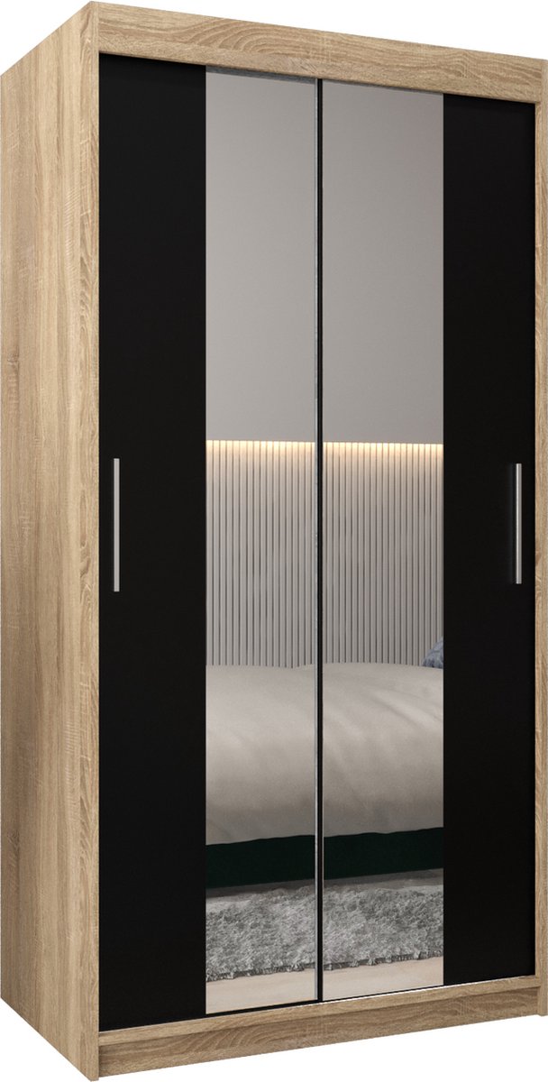 InspireME Kledingkast met 2 schuifdeuren, Modern-stijl, Kledingkast met planken (BxHxD): 100x200x62 - TORM I 100 Sonoma Eik + Zwart Mat met 2 lades