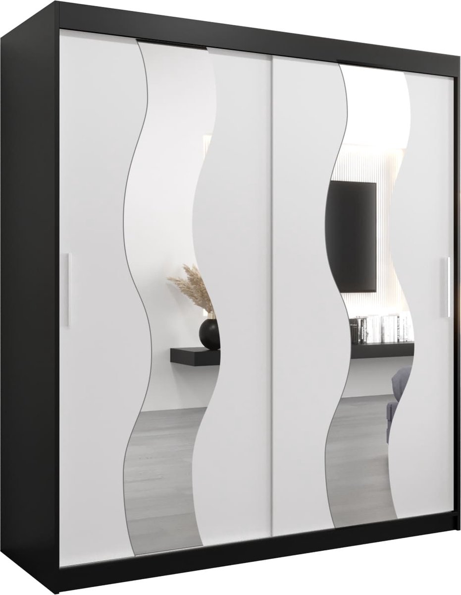 InspireME Kledingkast met 2 schuifdeuren, Modern-stijl, Een kledingkast met planken en een spiegel (BxHxD): 180x200x62 - REESE 180 Zwart Mat + Wit Mat met 4 lades