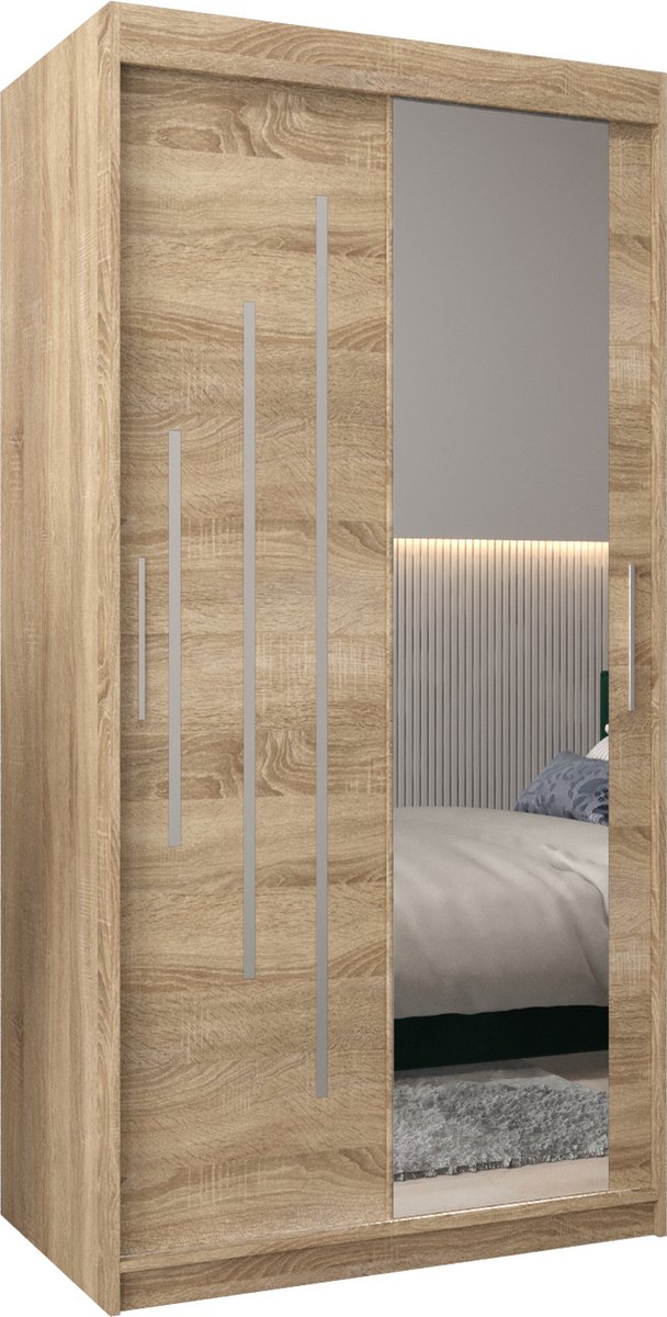InspireME Kledingkast met 2 schuifdeuren, Modern-stijl, Een kledingkast met planken en een spiegel (BxHxD): 100x200x62 - MALTESE II 100 Sonoma Eik met 2 lades