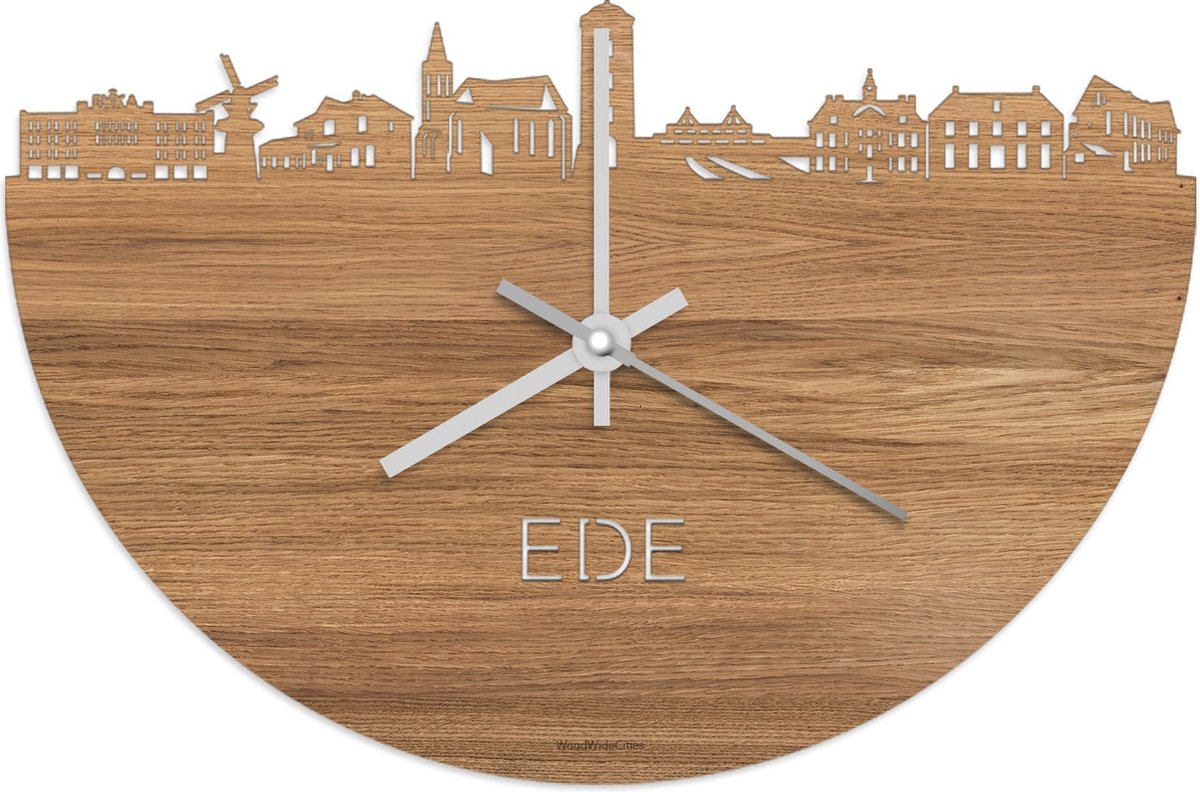 Skyline Klok Ede Eikenhout - Ø 40 cm - Stil uurwerk - Wanddecoratie - Meer steden beschikbaar - Woonkamer idee - Woondecoratie - City Art - Steden kunst - Cadeau voor hem - Cadeau voor haar - Jubileum - Trouwerij - Housewarming - WoodWideCities
