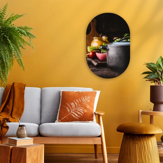 Ovale mural - Ovale mural - Décoration murale murale en plastique - Peinture ovale - Rustique - Nature morte - Pan - Légumes - 40x60 cm - Forme miroir ovale sur plastique