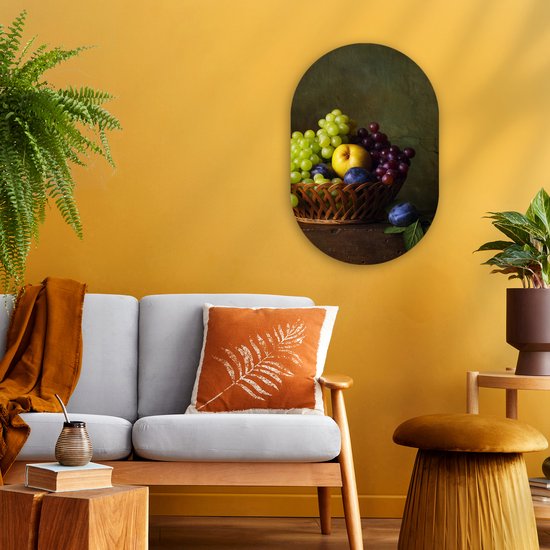 Ovale mural - Ovale mural - Décoration murale en plastique - Peinture ovale - Rustique - Fruits - Canette - Panier - Nature morte - 40x60 cm - Forme miroir ovale sur plastique