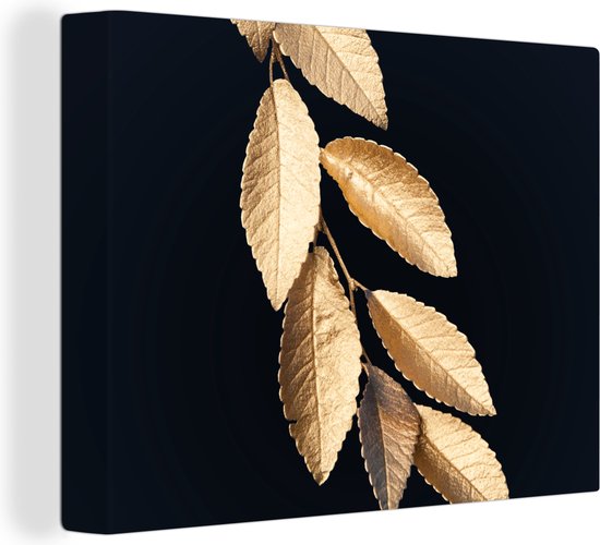 Canvas Schilderij Bladeren - Zwart - Goud - Luxe - Planten - 80x60 cm - Wanddecoratie