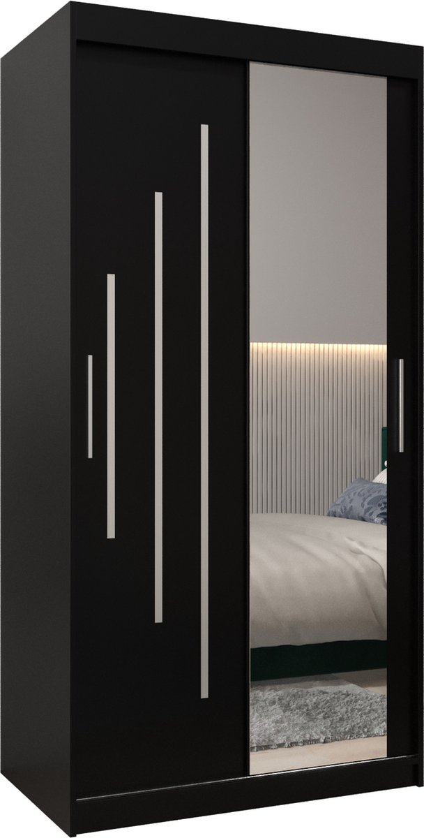 InspireME Kledingkast met 2 schuifdeuren, Modern-stijl, Een kledingkast met planken en een spiegel (BxHxD): 100x200x62 - MALTESE II 100 Zwart Mat