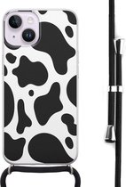 Hoesje met koord - Geschikt voor iPhone 14 - Koeienprint - Verstelbaar zwart koord - Zwart, Transparant, Wit - Print / Illustratie - Leuke Telefoonhoesjes