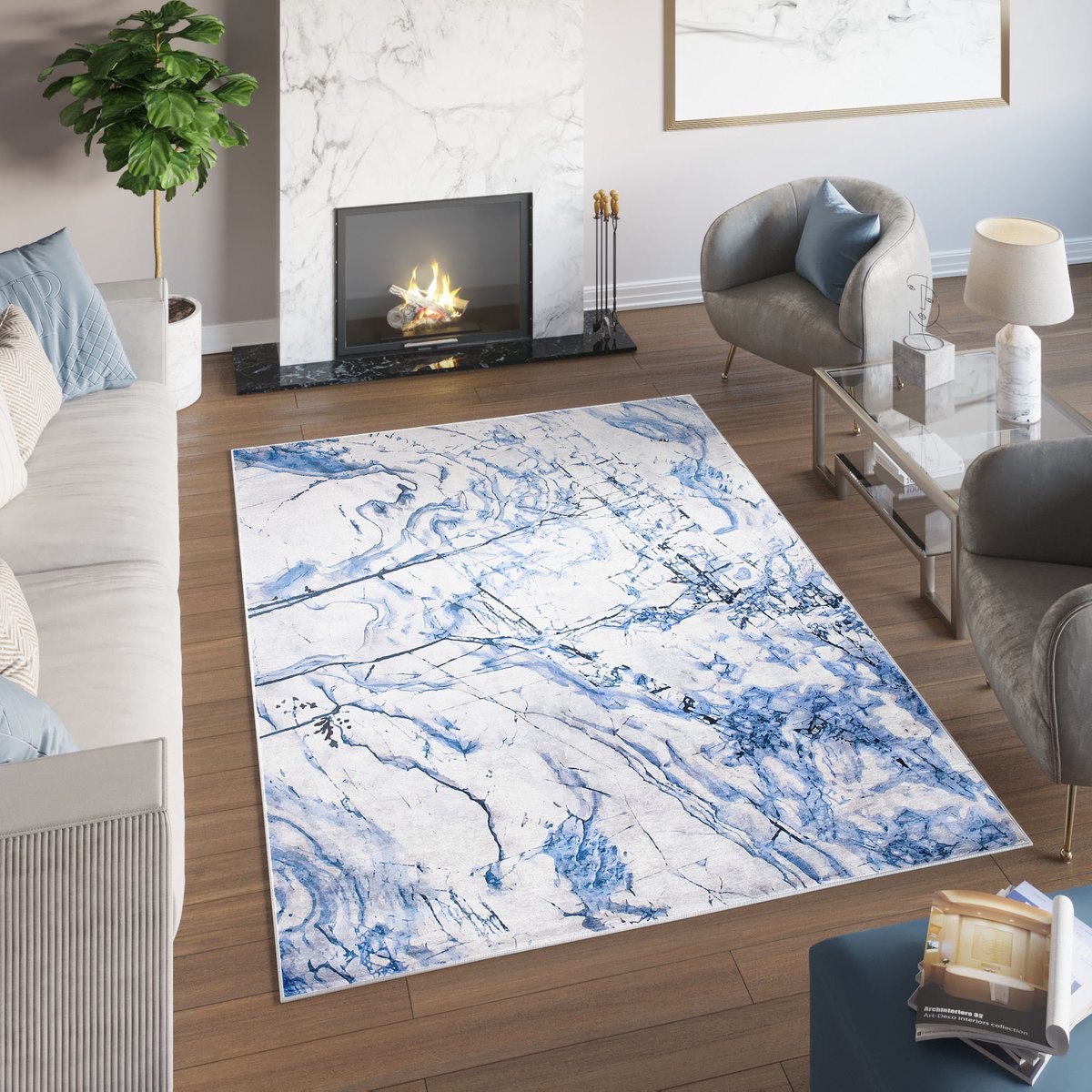 Tapiso Toscana Vloerkleed Abstract Blauw Grijs Woonkamer Tapijt Maat-140x200