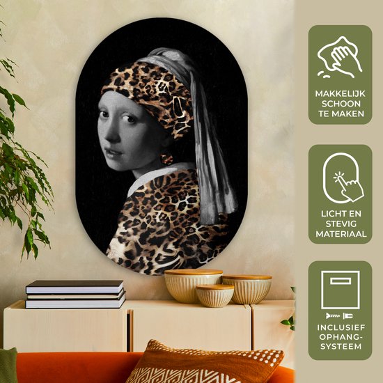 Wall Oval - Décoration murale en plastique - Peinture ovale - La jeune fille à la perle - Johannes Vermeer - Imprimé panthère - 80x120 cm - Forme miroir ovale sur plastique
