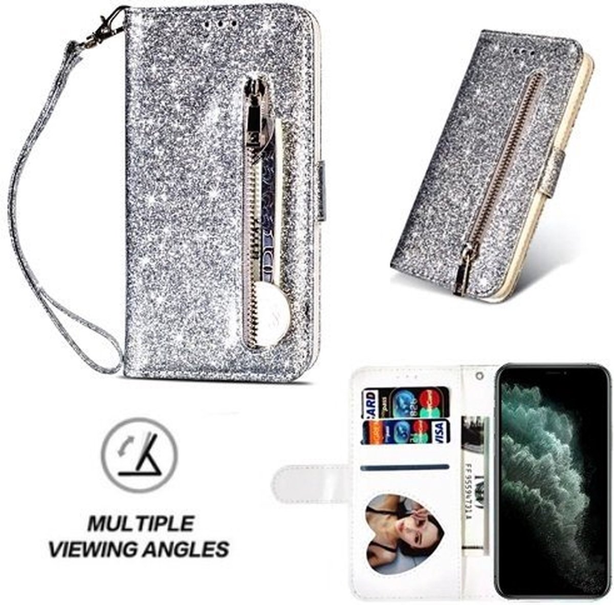 iPhone 11 Pro Glitter Hoesje Met Pasjeshouder Bookcase Zilver
