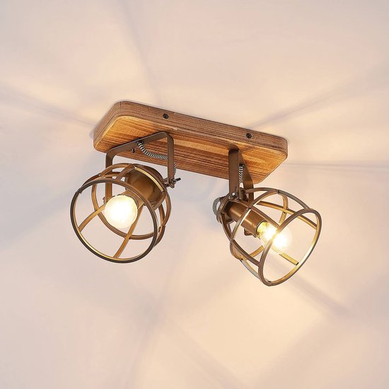 Lindby - plafondlamp hout - 2 lichts - metaal, hout - H: 20 cm - E14 - zwart, bruin