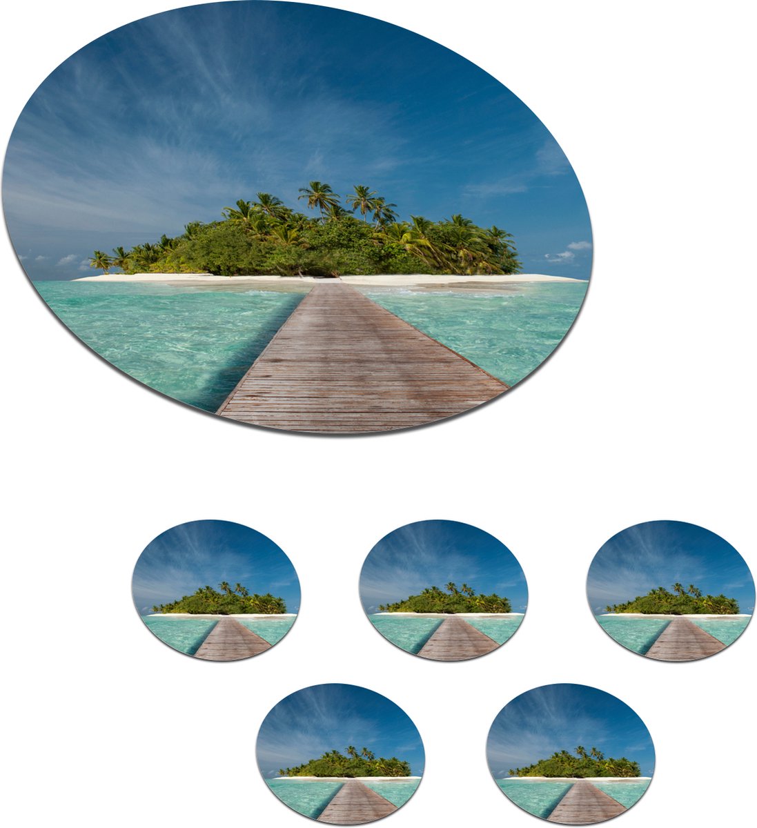 Onderzetters voor glazen - Rond - Zee - Pier - Eiland - 10x10 cm - Glasonderzetters - 6 stuks