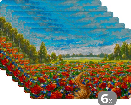 Set de Table - Napperons en Plastique - Peinture - Peinture à l'Huile - Fleurs - Nature - 45x30 cm - 6 Pièces - Résistant à la Chaleur - Antidérapant - Pad - Amovible