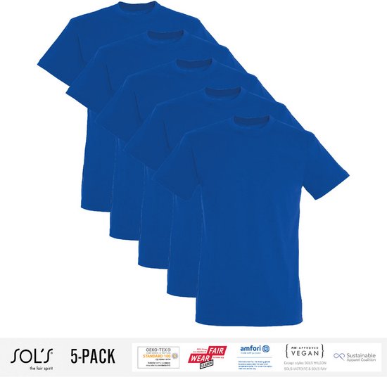 5 Pack Sol's Jongens/Meisjes T-Shirt 100% biologisch katoen Ronde hals Royal Blauw Maat 118/128 (7/8 Jaar)