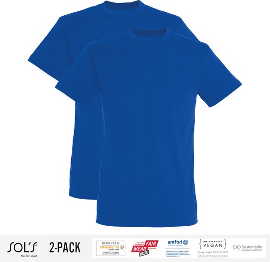 2 Pack Sol's Heren T-Shirt 100% biologisch katoen Ronde hals Royal Blue Maat M