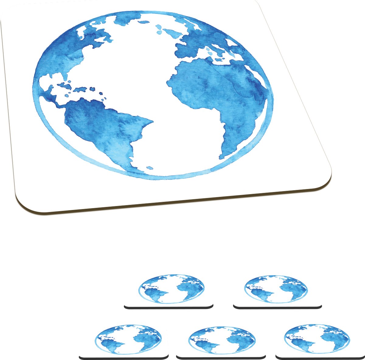 Onderzetters voor glazen - Waterverf - Globe - Blauw - 10x10 cm - Glasonderzetters - 6 stuks