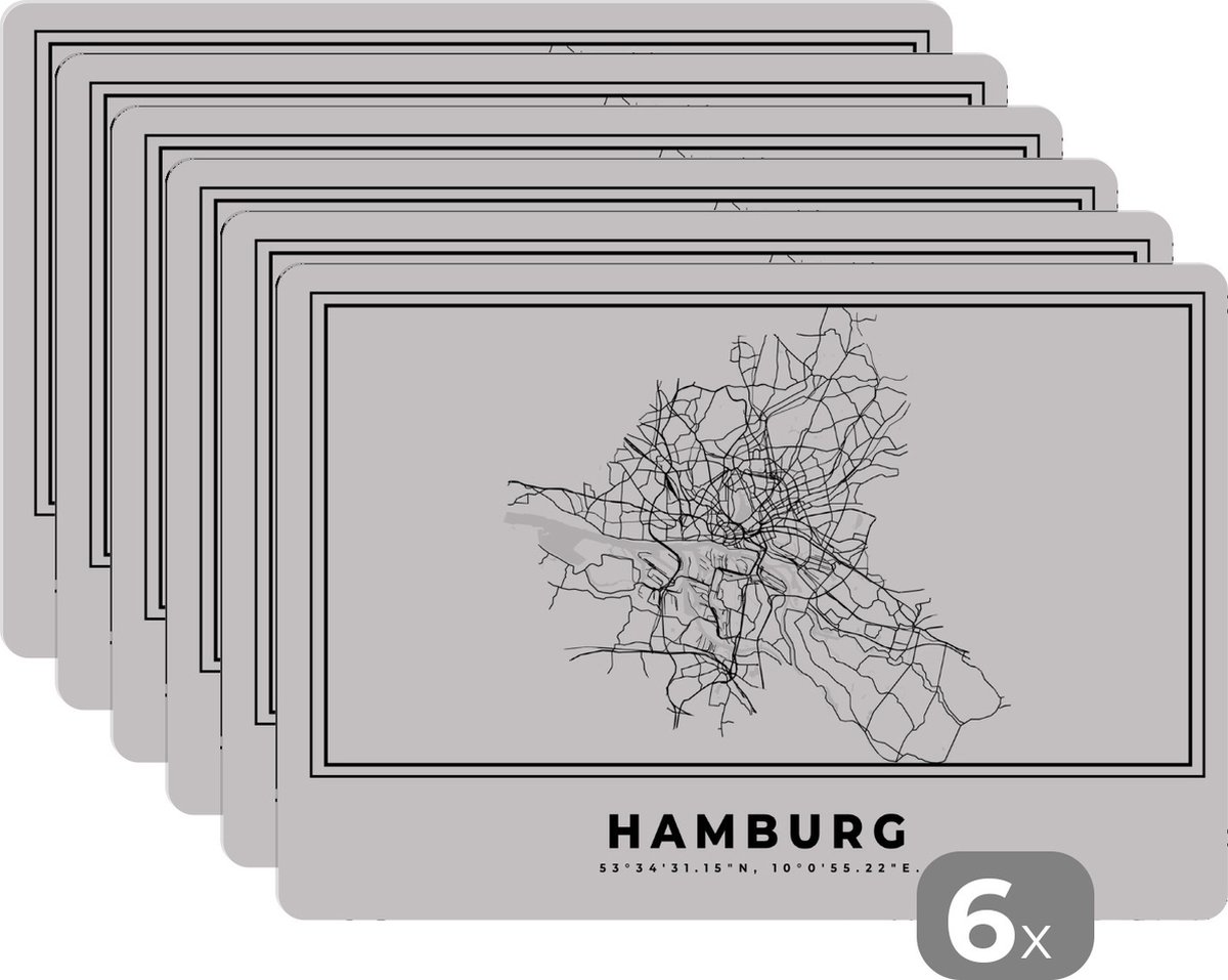 Placemat - Placemats kunststof - Zwart Wit – Duitsland – Plattegrond – Stadskaart – Kaart – Hamburg - 45x30 cm - 6 stuks - Hittebestendig - Anti-Slip - Onderlegger - Afneembaar