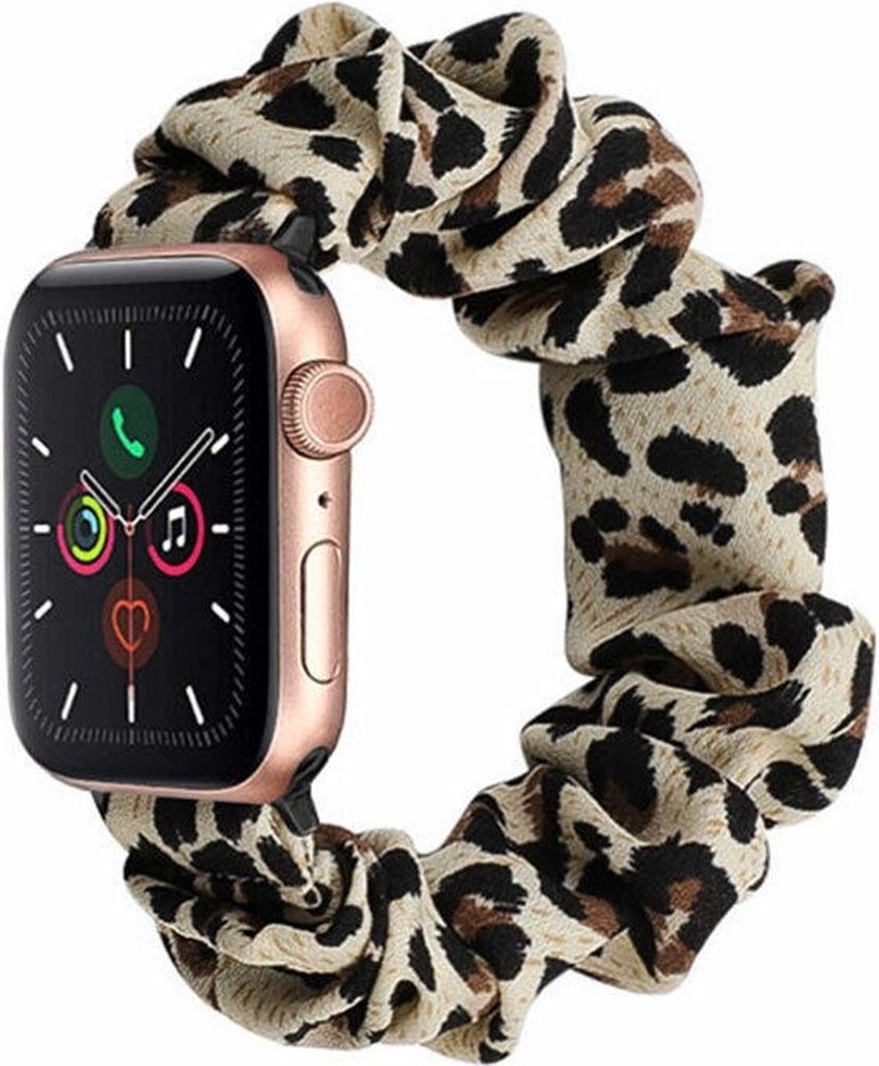 Strap-it Scrunchie band - Geschikt voor Apple Watch bandje -Series 1/2/3/4/5/6/7/8/9/10/11/SE/SE2/SE3/Ultra (2/3) - Luipaard - Elastisch haarelastiek bandje van nylon - iWatch bandje voor maat: 44mm / 45mm / 46mm / 49mm