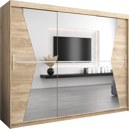 Gesloten kledingkast met 3 schuifdeuren, eikenhout decor en witte deuren met spiegelvlakken.