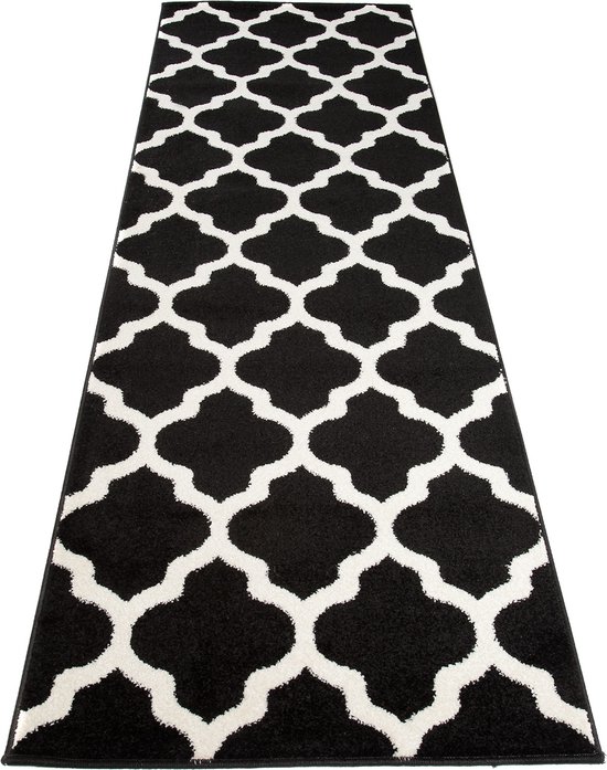 Tapiso Luxury Vloerkleed Antraciet Wit Trellis Woonkamer Loper Maat- 120x500