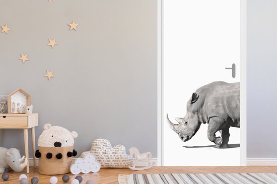 Deurposter 95x235 cm - Deursticker Neushoorn - Dieren - Wit - Meubelfolie zelfklevend - Deurfolie woonkamer - Interieurfolie fotobehang - Deur plakfolie - Deurstickers - Deurbehang sticker - Kamer decoratie