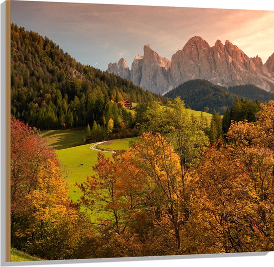 WallClassics - Hout - Herfstig Landschap - 100x100 cm - 12 mm dik - Foto op Hout (Met Ophangsysteem)