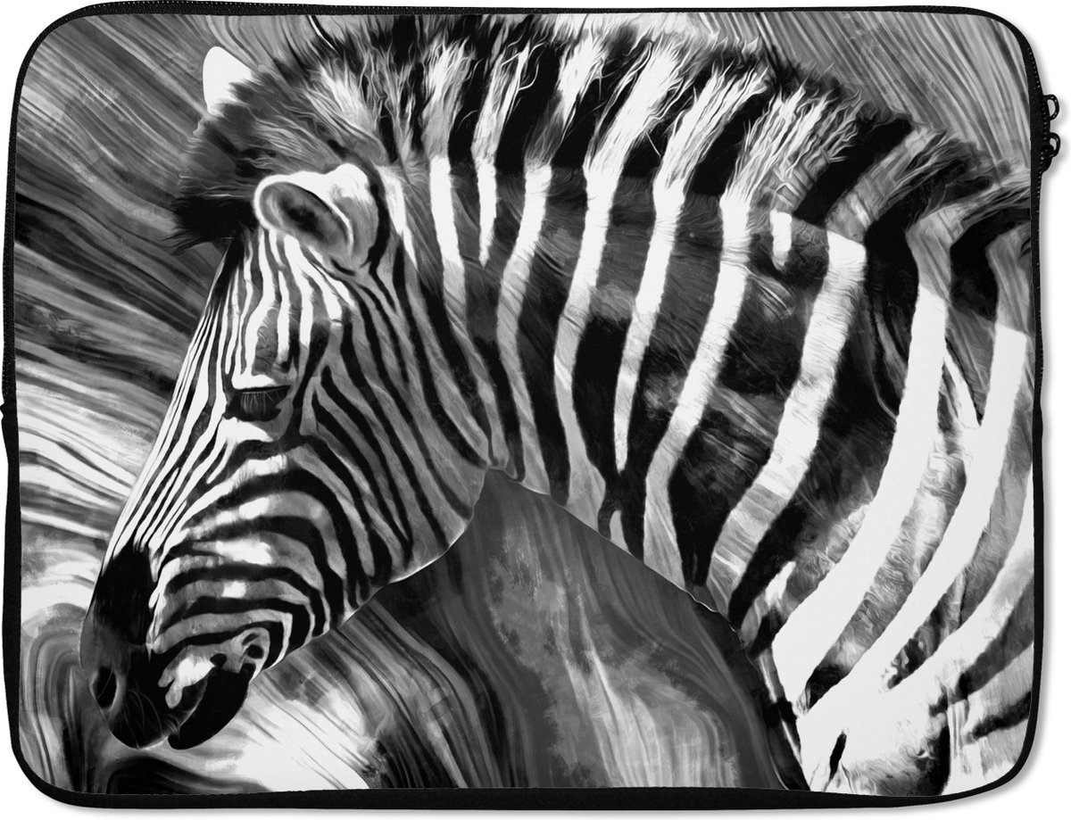 Laptophoes 17 inch - Schilderij - Olieverf - Zebra - Dieren - Zwart - Wit - Laptop sleeve - Binnenmaat 41x28 cm - Zwarte achterkant