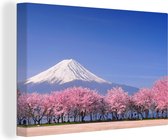 Canvas Schilderij De Fuji in Azië met kersenbloesems op de voorgrond - 90x60 cm - Wanddecoratie
