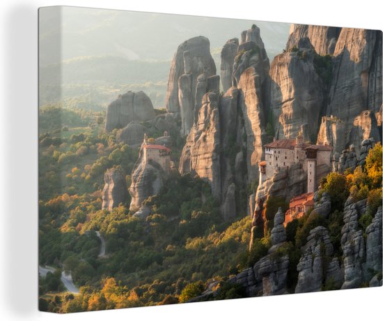 Canvas Schilderij Zonsopgang bij de Meteora kloosters in Griekenland - Wanddecoratie