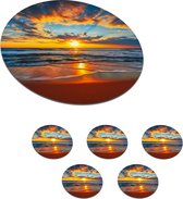 Onderzetters voor glazen - Rond - Zee - Zonsondergang - Strand - Wolken - Oranje - 10x10 cm - Glasonderzetters - 6 stuks