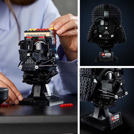 Collage van de LEGO Darth Vader helm: bouwproces met gekleurde stenen, voltooid model en close-up.
