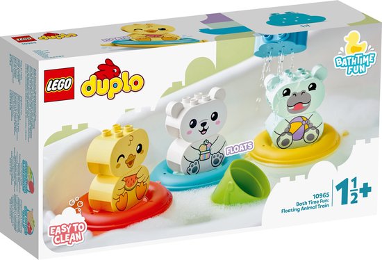 Verpakking van LEGO Duplo speelgoed met een gele eend met watermeloen, een witte beer met ijsje en een groene nijlpaard met bal, zittend op zwembanden in een bad.