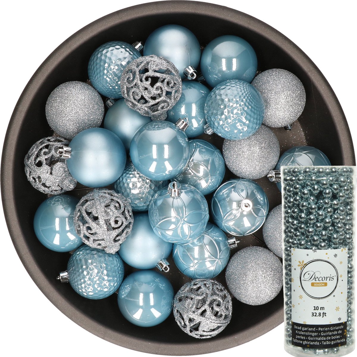 Decoris Kerstballen - 37x stuks - 6 cm - incl. kralenslinger - lightblauw - kunststof