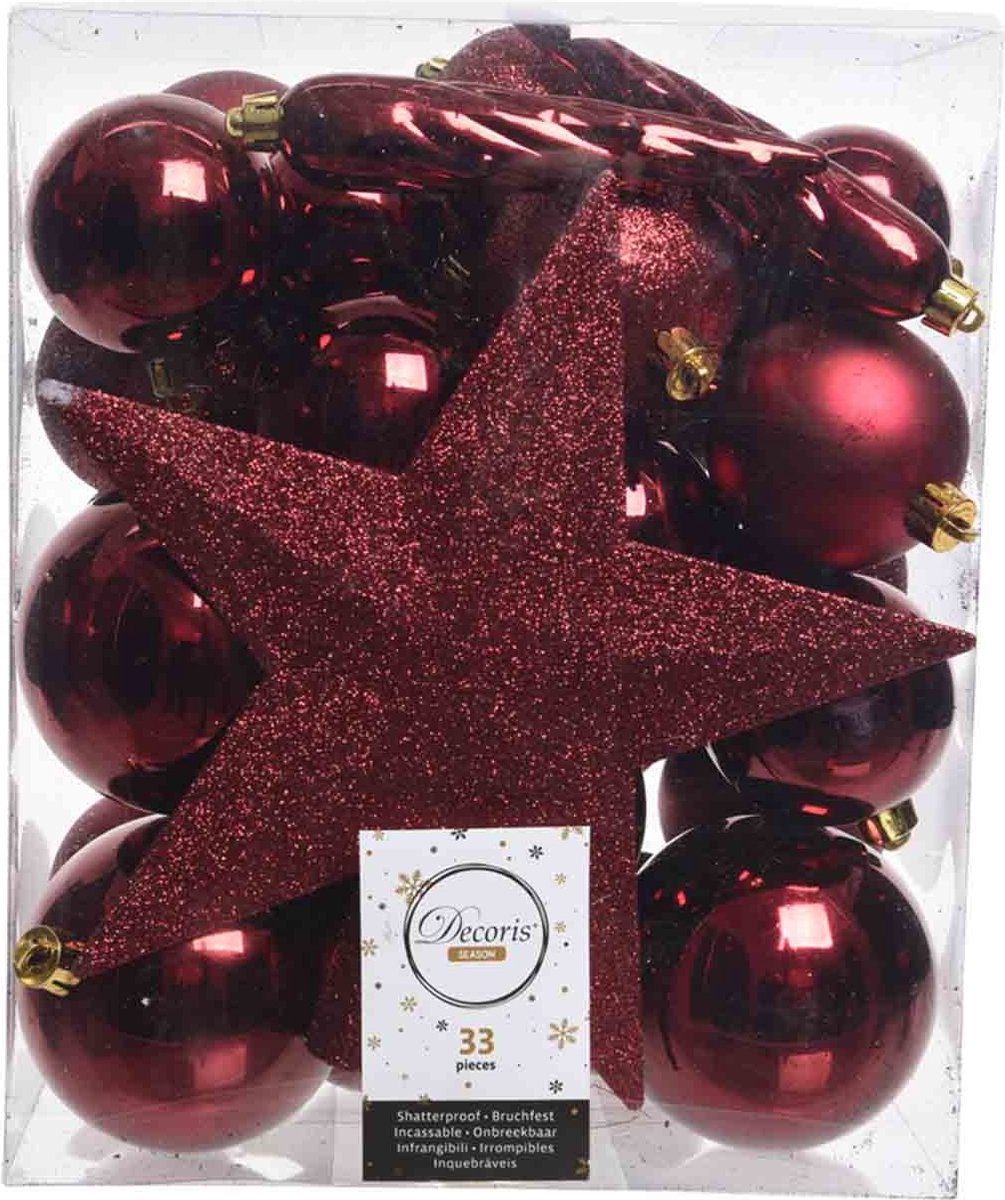 Kerstballen mixbox 33-delig | kunststof/onbreekbaar | donkerrood | diverse maten