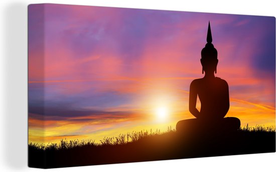 Toile - Statue de Bouddha - Silhouette - Coucher de soleil - Spirituel - Peintures salon - Peinture sur toile - Canvasdoek - 80x40 cm - Décoration murale
