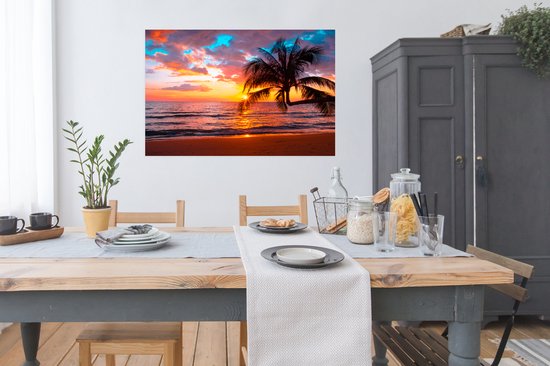 Poster Palm - Zonsondergang - Strand - Zee - Horizon - 120x90 cm