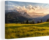 Canvas Schilderij Alpen - Zonsondergang - Berg - 90x60 cm - Wanddecoratie