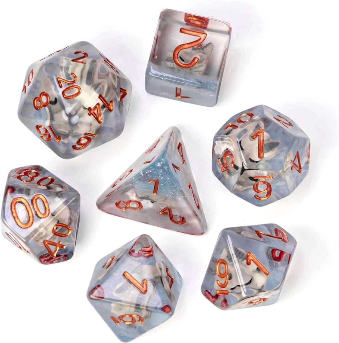 Lapi Toys - Dungeons and Dragons dobbelstenen - D&D dobbelstenen - D&D polydice - 1 set (7 stuks) - Met drakenschedel - Transparant