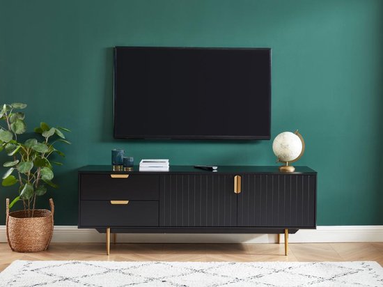 TV-meubel - 2 deuren en 2 laden - MDF en metaal - Zwart en goud - LIKANA L 160 cm x H 57 cm x D 43.5 cm