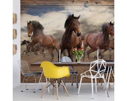 Fotobehang - Vlies Behang - Galloperende Paarden op Houten Planken - 152,5 x 104 cm