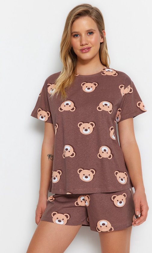 Trendyol Standaard mouw Ronde hals Bruine 100% katoenen teddybeer bedrukte T-shirt-shorts gebreide pyjama set