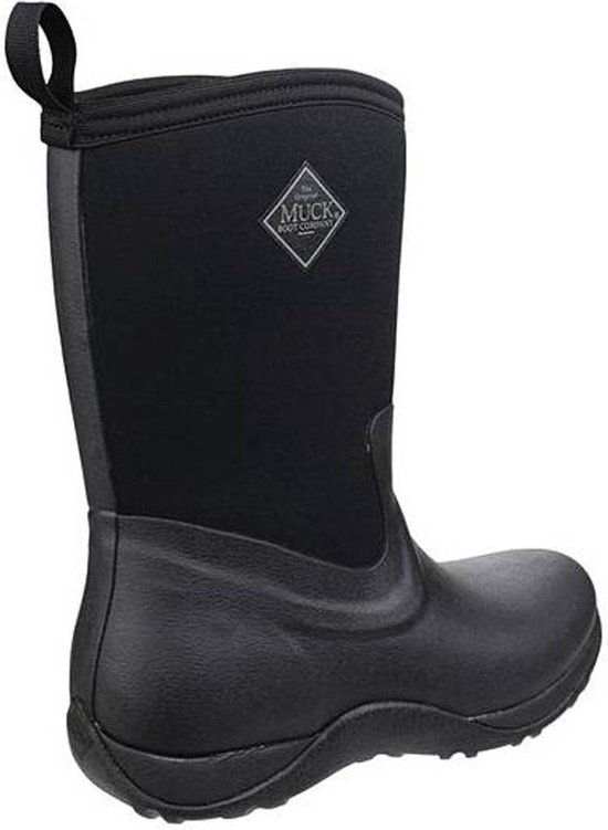 Zwarte Muck Boot outdoorlaars voor dames, achteraanzicht met treklipje en merklogo.