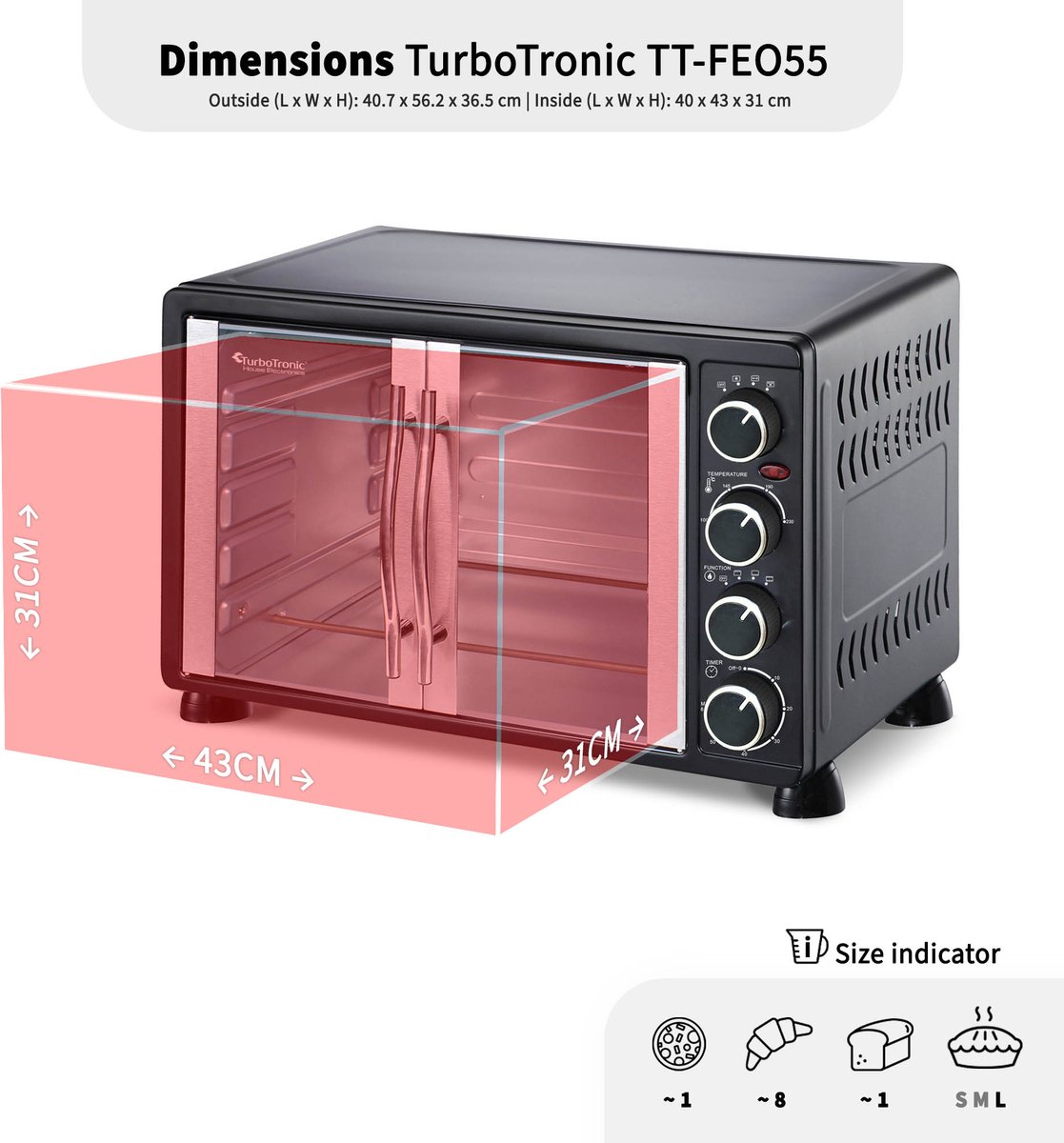 TurboTronic FEO55 Vrijstaande Oven - met Franse Deuren - 55L