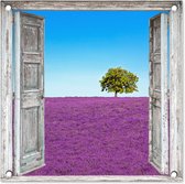 Affiche de jardin - Violet - Lavande - Arbre - Vue - Jardin - 50x50 cm - Décoration clôture - Peinture jardin - Tissu jardin