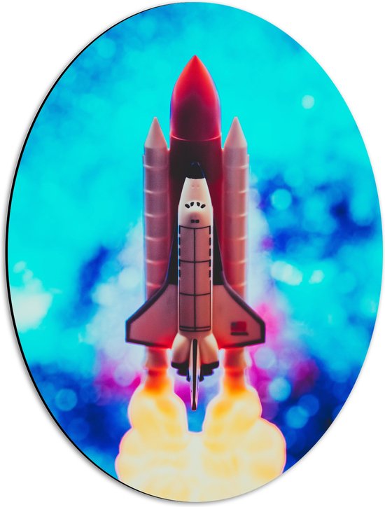Dibond Ovaal - Speelgoed Raket met Start Rook - 42x56 cm Foto op Ovaal (Met Ophangsysteem)