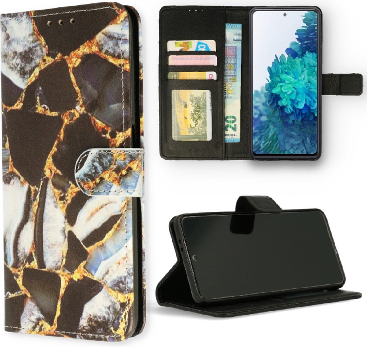 Cityhoesje-Bookcase geschikt voor Samsung S23 – Print Marmer Zwart Pasjeshouder