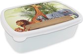 Broodtrommel Wit - Lunchbox - Brooddoos - Jungle dieren - Natuur - Planken - Kinderen - Giraffe - 18x12x6 cm - Volwassenen