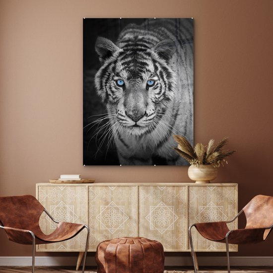 Peinture sur verre - Photo sur verre - Verre acrylique - Animaux - Tigre - Yeux - Blauw - 90x120 cm - Peinture sur verre tigre - Peinture sur verre noir et blanc - Décoration murale verre - Décoration murale animaux